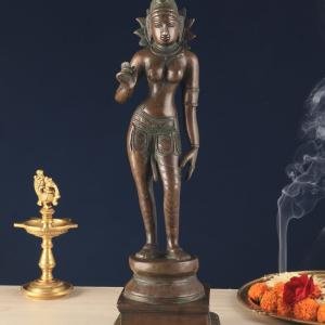 Rare 20" Standing Parvati Brass Statue | Antique Bronze Divine Murti with Sharp Features | Traditional Temple Decor